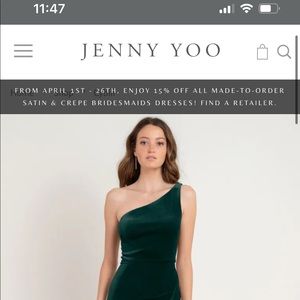 Jenny Yoo velvet gown with slit, one shoulder